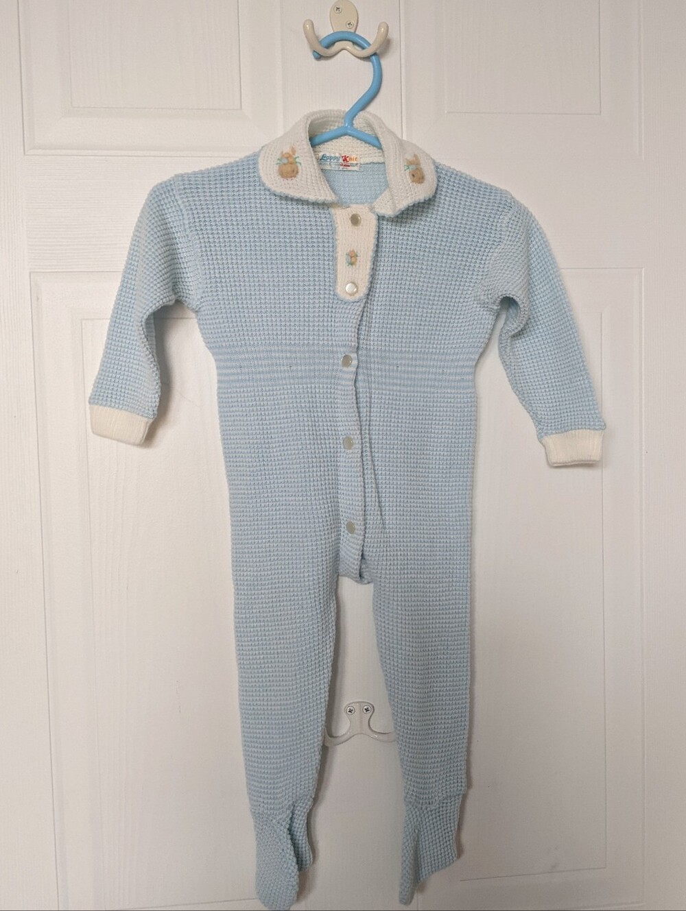 VINTAGE "Lappy Knit" Japan Blue Onesie Sleeper with Collar, Buttons, and Feet